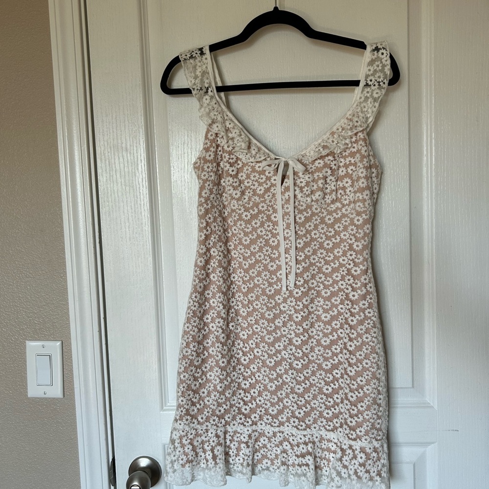 City Studio Tan and Cream Ruffled Tie Front Mini Dress